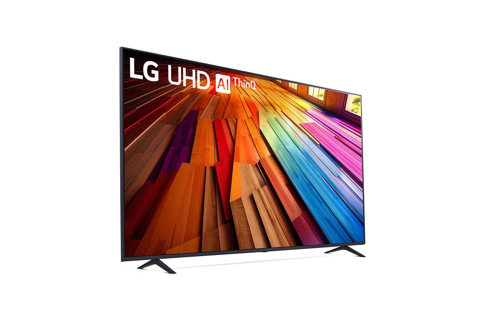 Schräg-hinten-links Ansicht des LG UHD AI ThinQ 4K UT80 Smart TV mit Fokus auf Standfuß und schlankes Gehäuse.