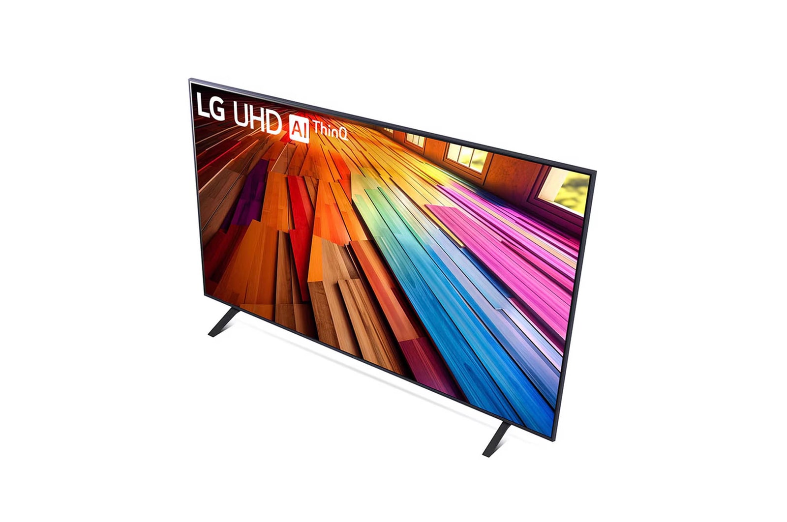 Schräg-hinten-rechts Ansicht des LG UHD AI ThinQ 4K UT80 Smart TV mit Fokus auf das Designprofil.