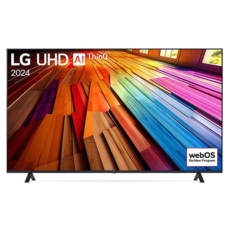 Frontansicht des LG UHD AI ThinQ 4K UT80 Smart TV mit angezeigter Startbildschirm-Oberfläche.