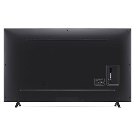 Rückansicht des LG UHD AI ThinQ 4K UT80 Smart TV mit Rückwandlayout und Standfußbefestigung.