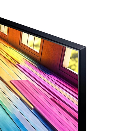 Nahaufnahme der Ecke und des Rahmens des LG UHD AI ThinQ 4K UT80 Smart TV mit klarer Bilddarstellung.