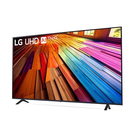 Schräg-vorne-rechts Ansicht des LG UHD AI ThinQ 4K UT80 Smart TV mit lebendiger Ballongrafik auf dem Bildschirm.