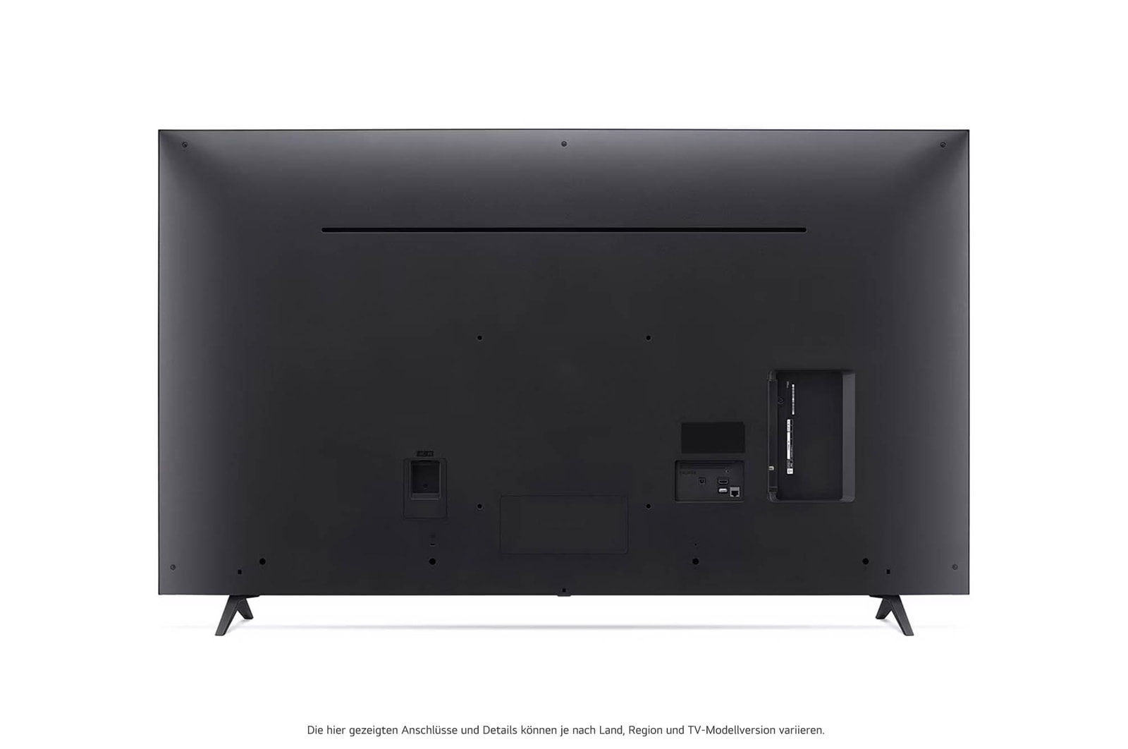 Rückansicht des LG UHD AI ThinQ 4K UT80 Smart TV mit Rückwandlayout und Standfußbefestigung.