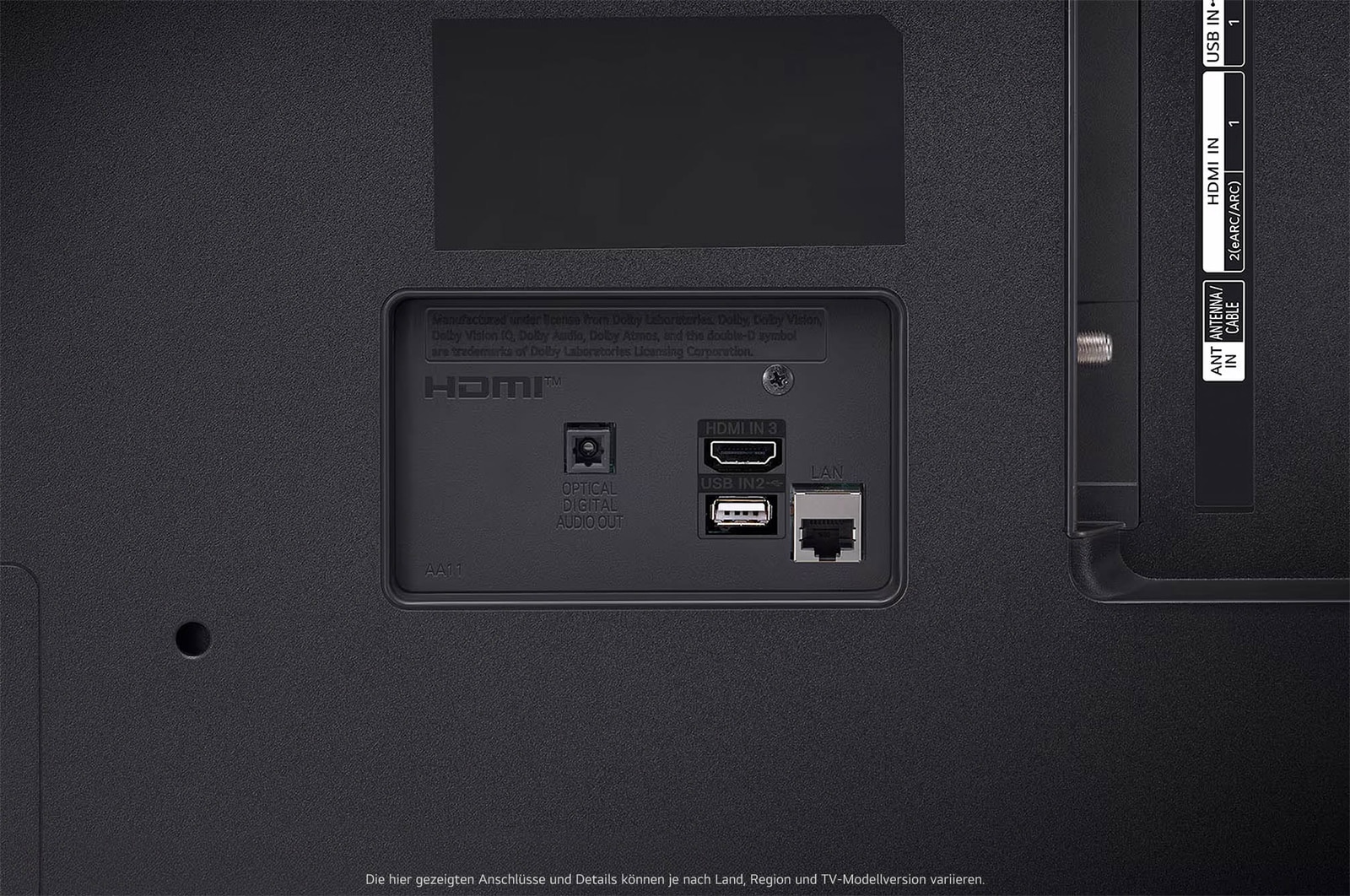 Detailaufnahme der Rückanschlüsse des LG UHD AI ThinQ 4K UT80 Smart TV mit RF- und Audioeingängen.