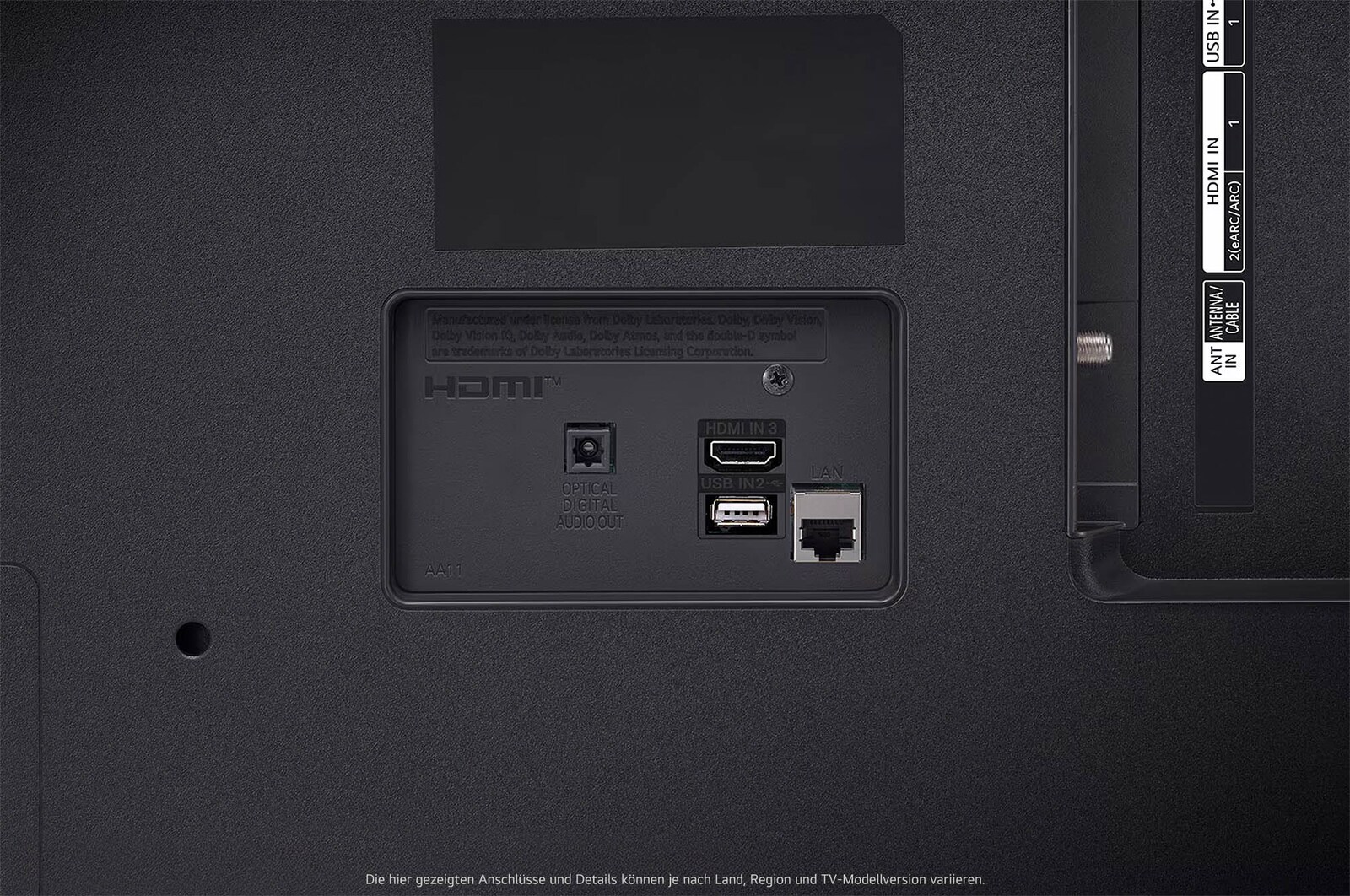 Detailaufnahme der Rückanschlüsse des LG UHD AI ThinQ 4K UT80 Smart TV mit RF- und Audioeingängen.