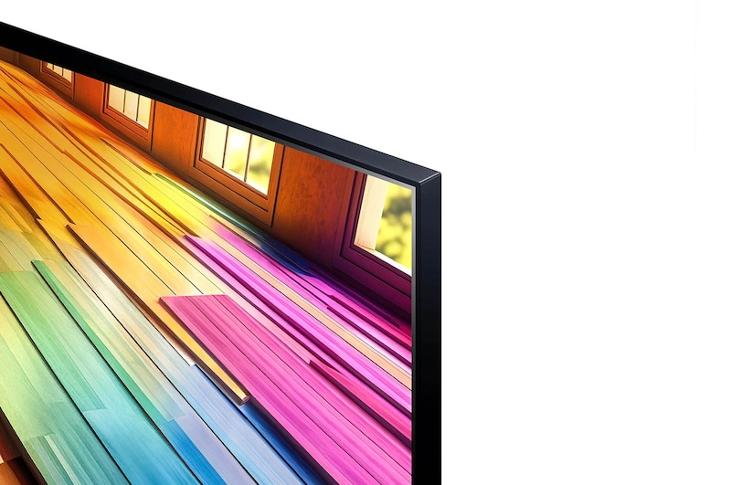 Nahaufnahme der Ecke und des Rahmens des LG UHD AI ThinQ 4K UT80 Smart TV mit klarer Bilddarstellung.