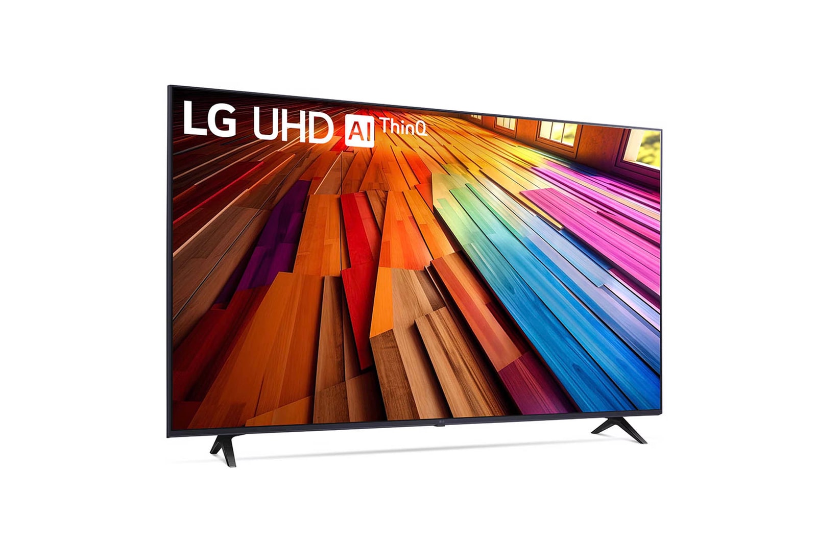 Frontansicht von links des LG UHD AI ThinQ 4K UT80 Smart TV mit lebendigen UHD-Inhalten.