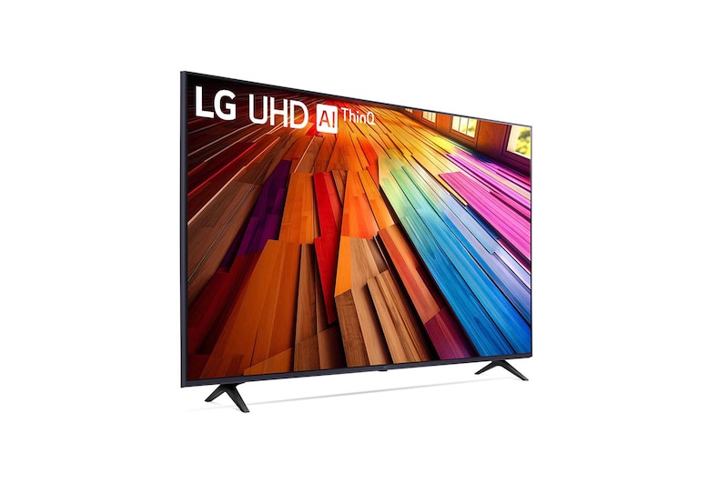 Schräg-hinten-links Ansicht des LG UHD AI ThinQ 4K UT80 Smart TV mit Fokus auf Standfuß und schlankes Gehäuse.