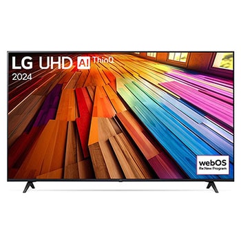 Frontansicht des LG UHD AI ThinQ 4K UT80 Smart TV mit angezeigter Startbildschirm-Oberfläche.