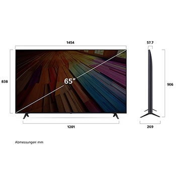 Abmessung des LG UHD AI ThinQ 4K UT80 Smart TV 65 Zoll: Breite 1454 mm, Höhe 906 mm, Tiefe 269 mm, Paneltiefe 57,7 mm