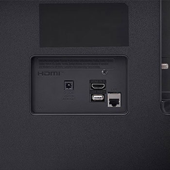 Detailaufnahme der Rückanschlüsse des LG UHD AI ThinQ 4K UT80 Smart TV mit RF- und Audioeingängen.
