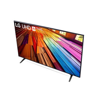 Schräg-hinten-rechts Ansicht des LG UHD AI ThinQ 4K UT80 Smart TV mit Fokus auf das Designprofil.