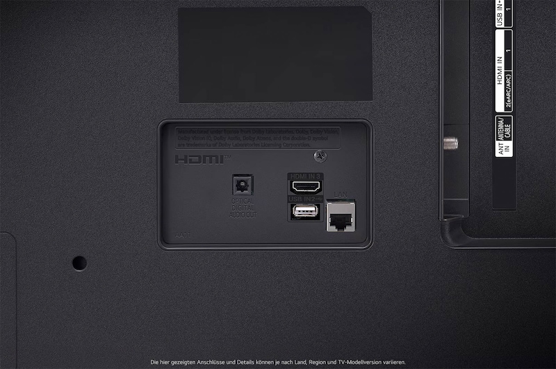 Detailaufnahme der Rückanschlüsse des LG UHD AI ThinQ 4K UT80 Smart TV mit RF- und Audioeingängen.