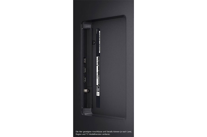 Nahaufnahme der seitlichen Anschlüsse des LG UHD AI ThinQ 4K UT80 Smart TV mit HDMI- und USB-Ports.
