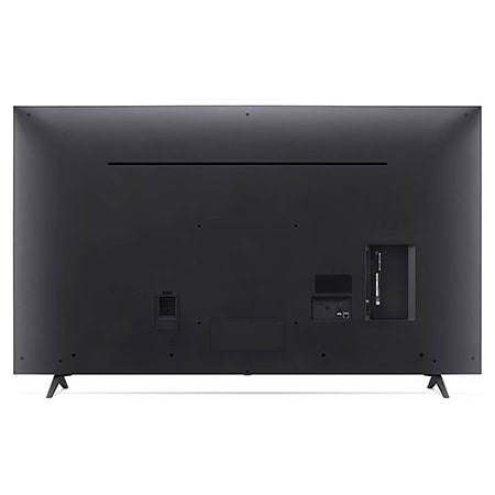 Rückansicht des LG UHD AI ThinQ 4K UT80 Smart TV mit Rückwandlayout und Standfußbefestigung.