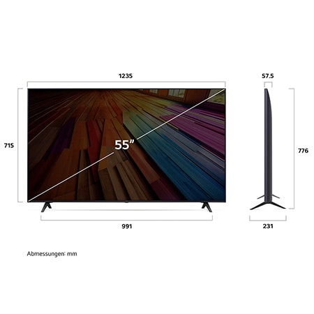 Abmessung des LG UHD AI ThinQ 4K UT80 Smart TV 55 Zoll: Breite 1235 mm, Höhe 776 mm, Tiefe 231 mm, Paneltiefe 57,5 mm