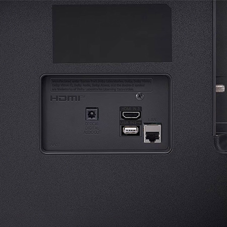 Detailaufnahme der Rückanschlüsse des LG UHD AI ThinQ 4K UT80 Smart TV mit RF- und Audioeingängen.