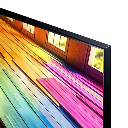 Nahaufnahme der Ecke und des Rahmens des LG UHD AI ThinQ 4K UT80 Smart TV mit klarer Bilddarstellung.