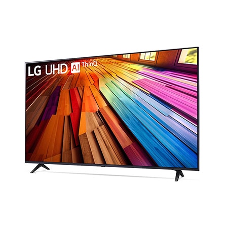Schräg-vorne-rechts Ansicht des LG UHD AI ThinQ 4K UT80 Smart TV mit lebendiger Ballongrafik auf dem Bildschirm.