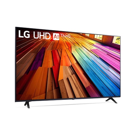 Frontansicht von links des LG UHD AI ThinQ 4K UT80 Smart TV mit lebendigen UHD-Inhalten.