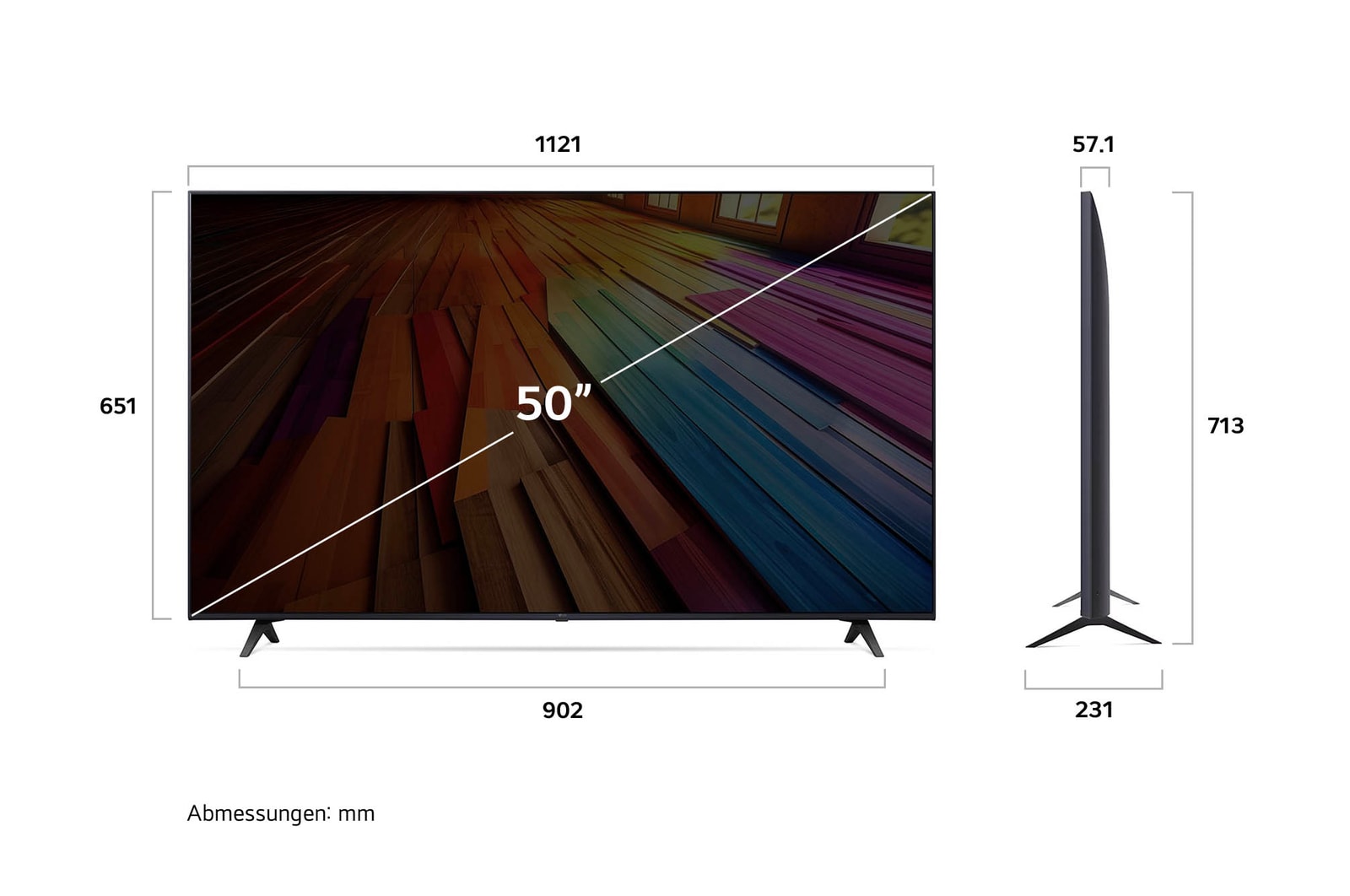 Abmessung des LG UHD AI ThinQ 4K UT80 Smart TV 65 Zoll: Breite 1454 mm, Höhe 906 mm, Tiefe 269 mm, Paneltiefe 57,7 mm