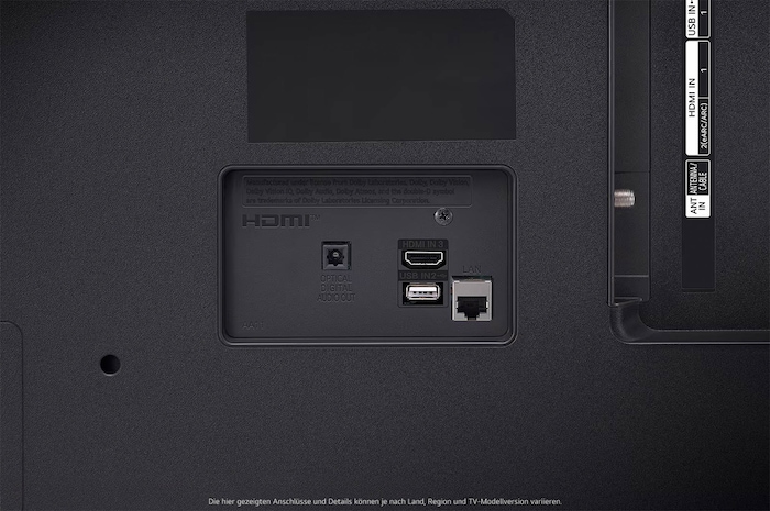 Detailaufnahme der Rückanschlüsse des LG UHD AI ThinQ 4K UT80 Smart TV mit RF- und Audioeingängen.