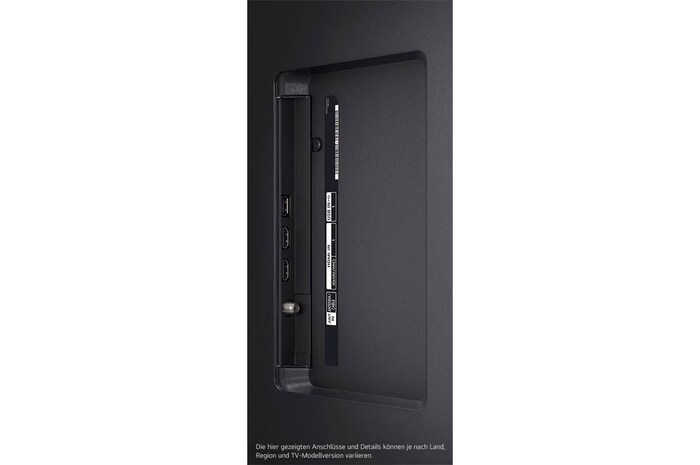 Nahaufnahme der seitlichen Anschlüsse des LG UHD AI ThinQ 4K UT80 Smart TV mit HDMI- und USB-Ports.