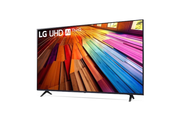 Schräg-vorne-rechts Ansicht des LG UHD AI ThinQ 4K UT80 Smart TV mit lebendiger Ballongrafik auf dem Bildschirm.