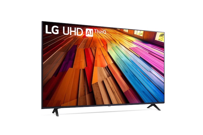 Frontansicht von links des LG UHD AI ThinQ 4K UT80 Smart TV mit lebendigen UHD-Inhalten.