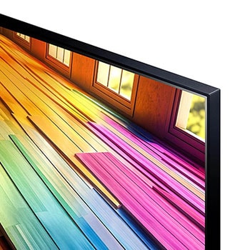 Nahaufnahme der Ecke und des Rahmens des LG UHD AI ThinQ 4K UT80 Smart TV mit klarer Bilddarstellung.
