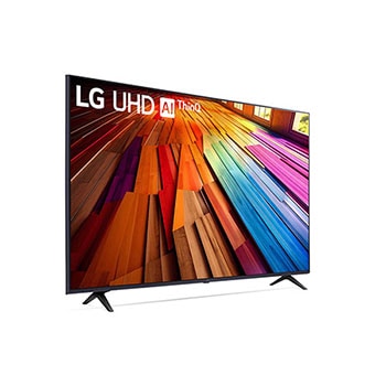 Schräg-hinten-links Ansicht des LG UHD AI ThinQ 4K UT80 Smart TV mit Fokus auf Standfuß und schlankes Gehäuse.