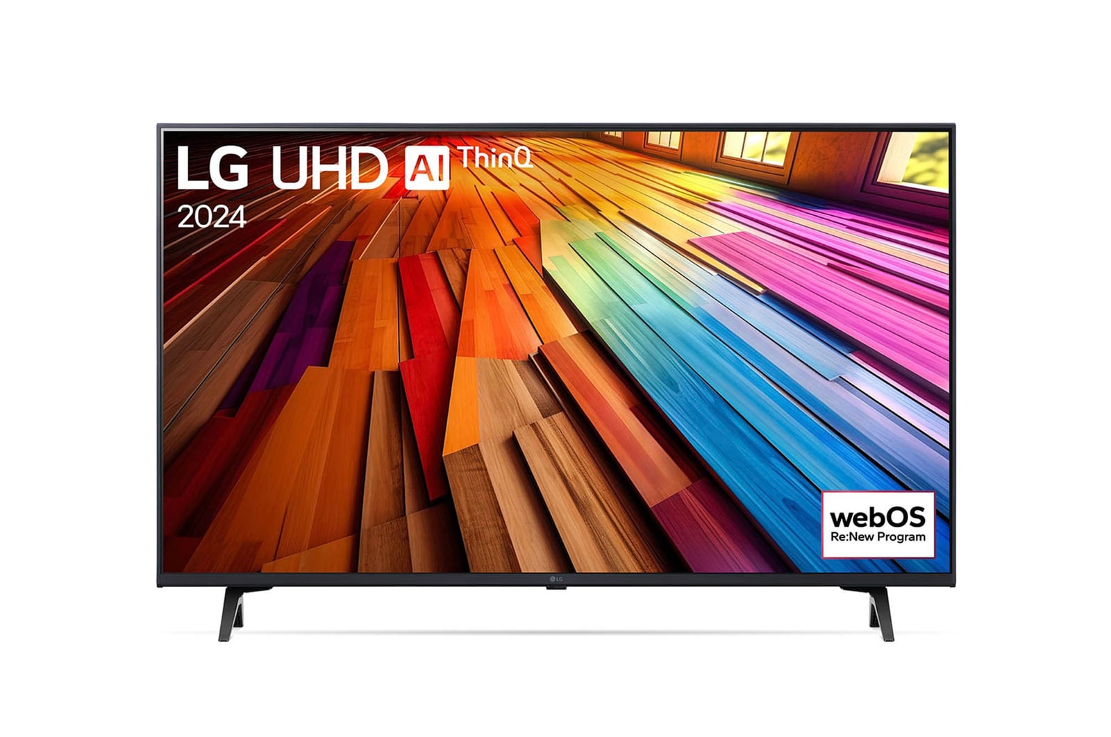 Vorderansicht des LG UHD TV, UT80 mit Text von LG UHD AI ThinQ und 2024 auf dem Bildschirm