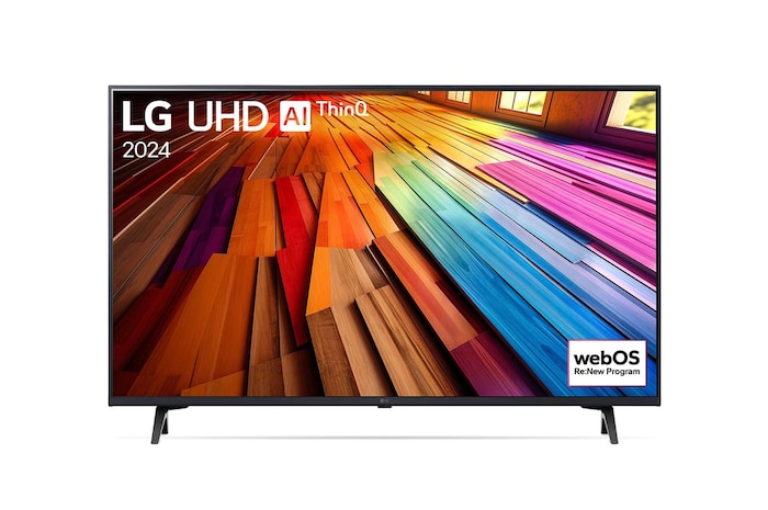 Vorderansicht des LG UHD TV, UT80 mit Text von LG UHD AI ThinQ und 2024 auf dem Bildschirm