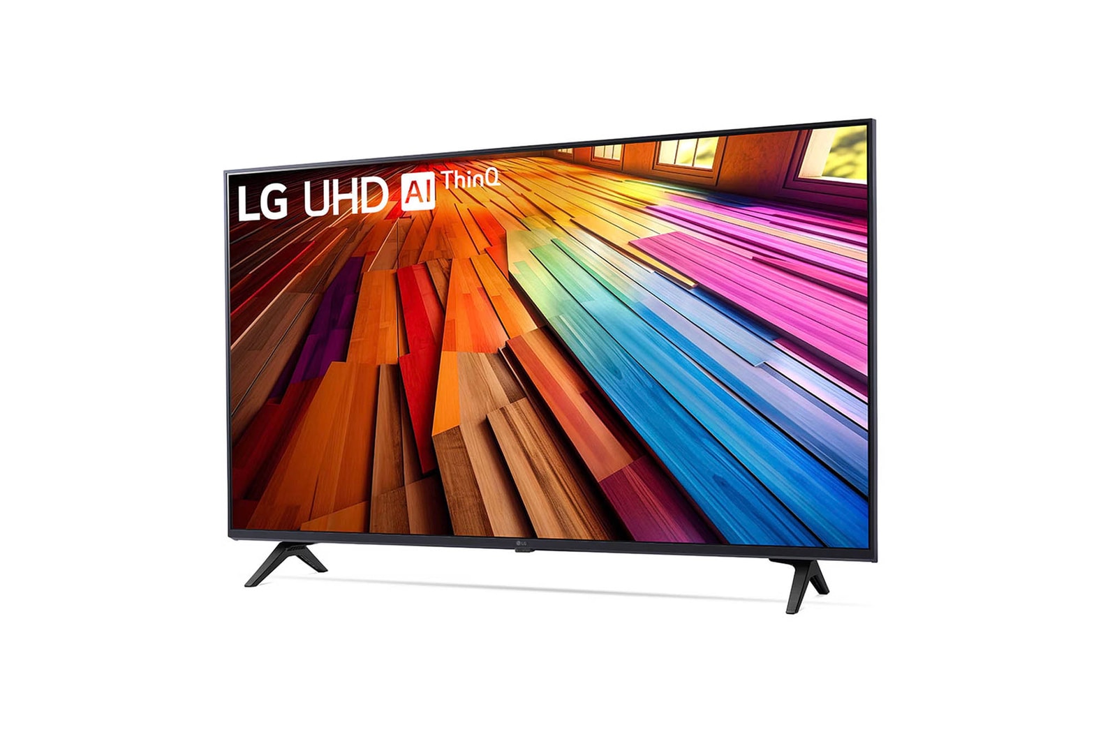 Leicht geneigte, nach links gerichtete Seitenansicht ansicht des LG UHD TV, UT80