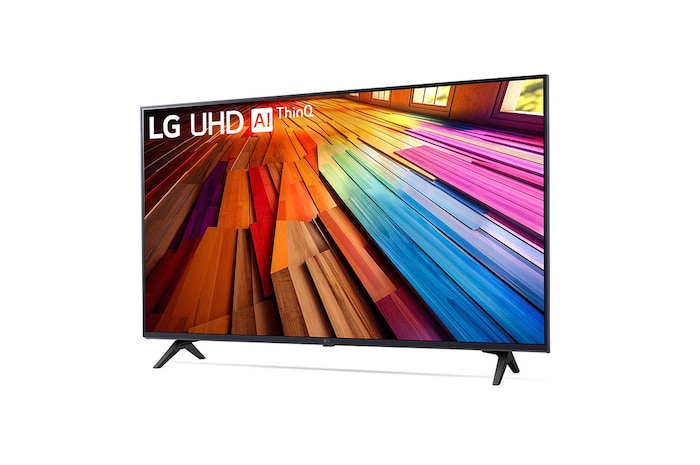 Leicht geneigte, nach links gerichtete Seitenansicht ansicht des LG UHD TV, UT80