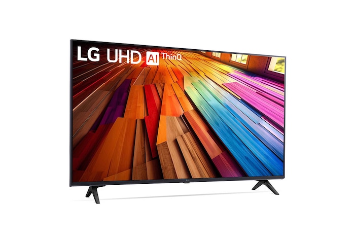  Leicht geneigte, nach rechts gerichtete Seitenansicht des LG UHD-Fernsehers UT80