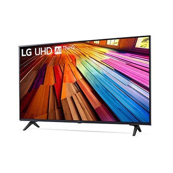 Leicht geneigte, nach links gerichtete Seitenansicht ansicht des LG UHD TV, UT80