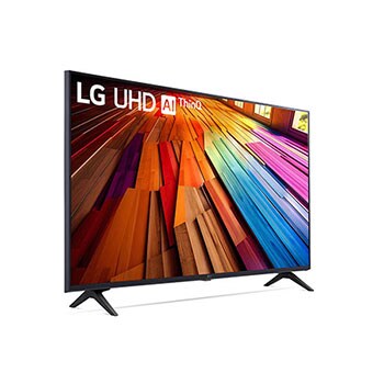  Leicht geneigte, nach rechts gerichtete Seitenansicht des LG UHD-Fernsehers UT80