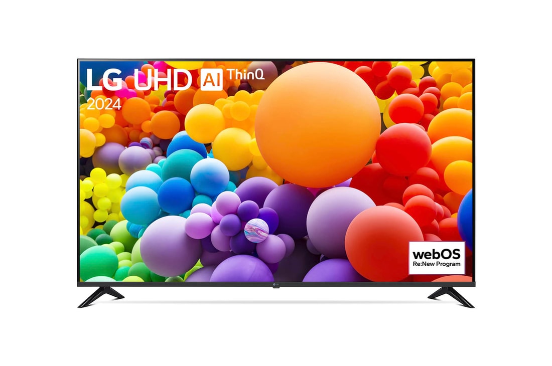 Frontansicht des LG UHD AI ThinQ 4K UT73 Smart TV mit lebendigem Startbildschirm auf weißem Hintergrund.
