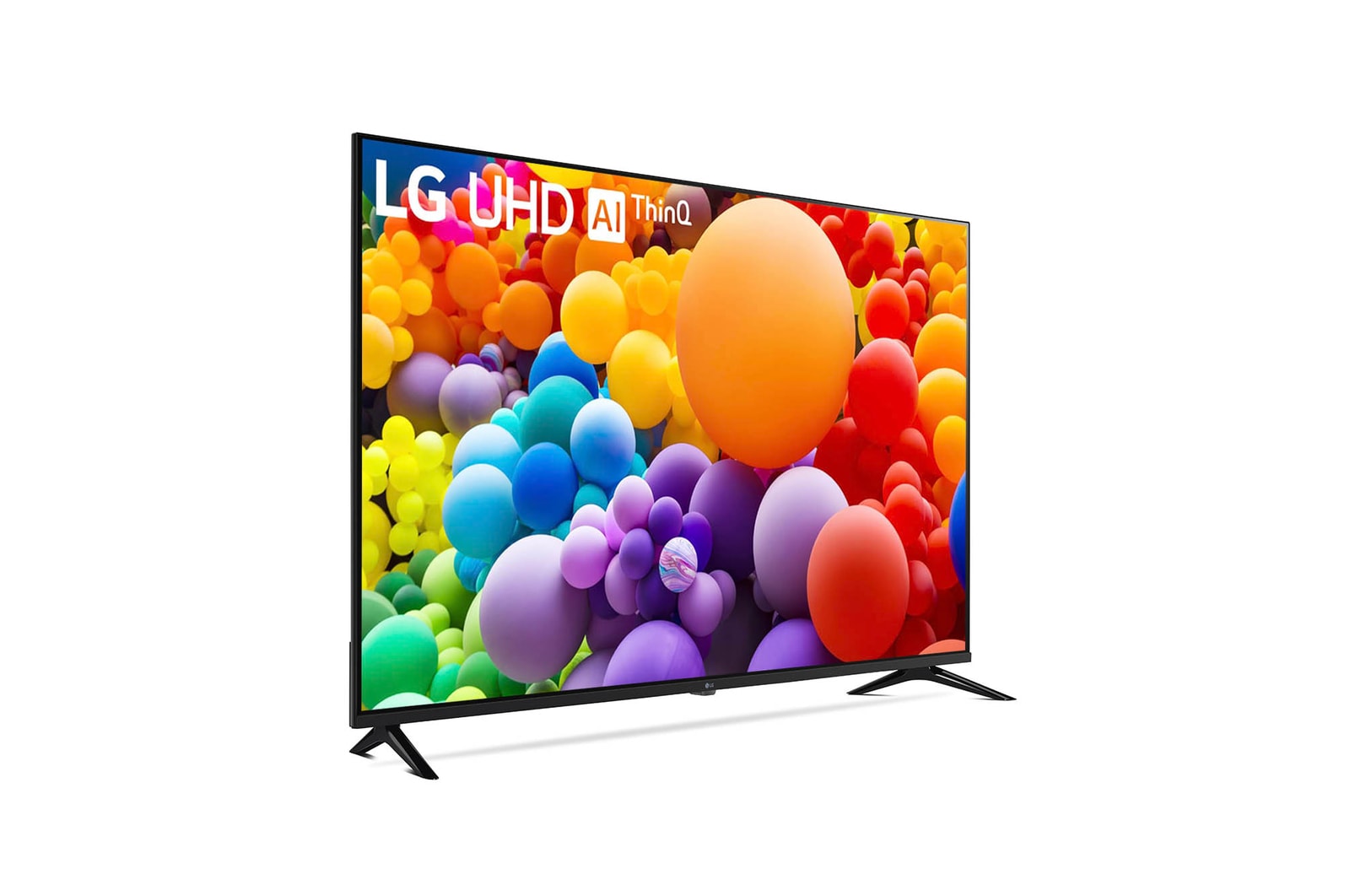 Linke schräge Rückansicht des LG UHD AI ThinQ 4K UT73 Smart TV mit sichtbaren Standfüßen.