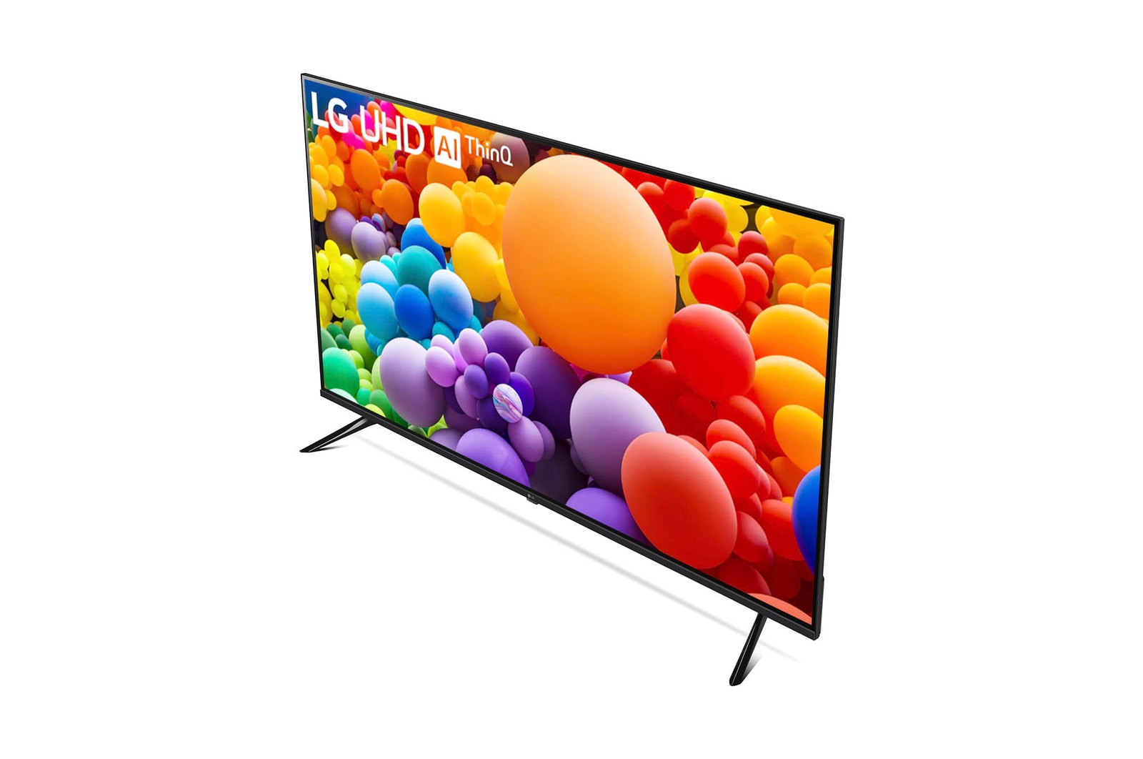 Rechte schräge Rückansicht des LG UHD AI ThinQ 4K UT73 Smart TV mit Blick auf die Rückseite und die Füße.