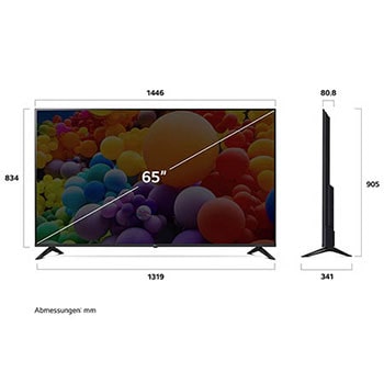 Abmessung des LG UHD AI ThinQ 4K UT73 Smart TV 65 Zoll: Breite 1446 mm, Höhe 905 mm, Tiefe 341 mm, Paneltiefe 80,8 mm