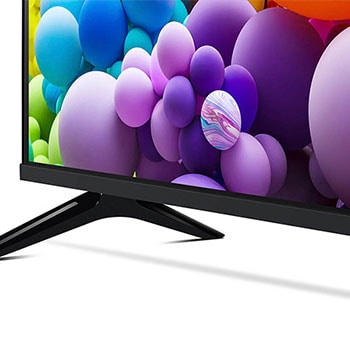 Detailansicht des Standfußes des LG UHD AI ThinQ 4K UT73 Smart TV und der Unterkante des Bildschirms.