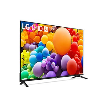 Linke schräge Rückansicht des LG UHD AI ThinQ 4K UT73 Smart TV mit sichtbaren Standfüßen.
