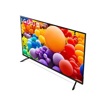 Rechte schräge Rückansicht des LG UHD AI ThinQ 4K UT73 Smart TV mit Blick auf die Rückseite und die Füße.