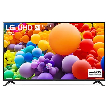 Frontansicht des LG UHD AI ThinQ 4K UT73 Smart TV mit lebendigem Startbildschirm auf weißem Hintergrund.