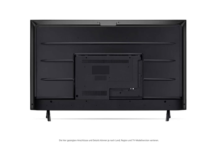 Rückansicht des LG UHD AI ThinQ 4K UT73 Smart TV mit sichtbaren Anschlüssen und Standfüßen.