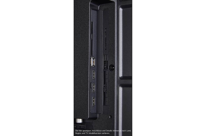 Seitlicher Anschlussbereich des LG UHD AI ThinQ 4K UT73 Smart TV mit HDMI- und USB-Ports.