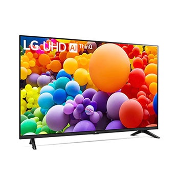 Rechte schräge Frontansicht des LG UHD AI ThinQ 4K UT73 Smart TV mit buntem Startbildschirm.