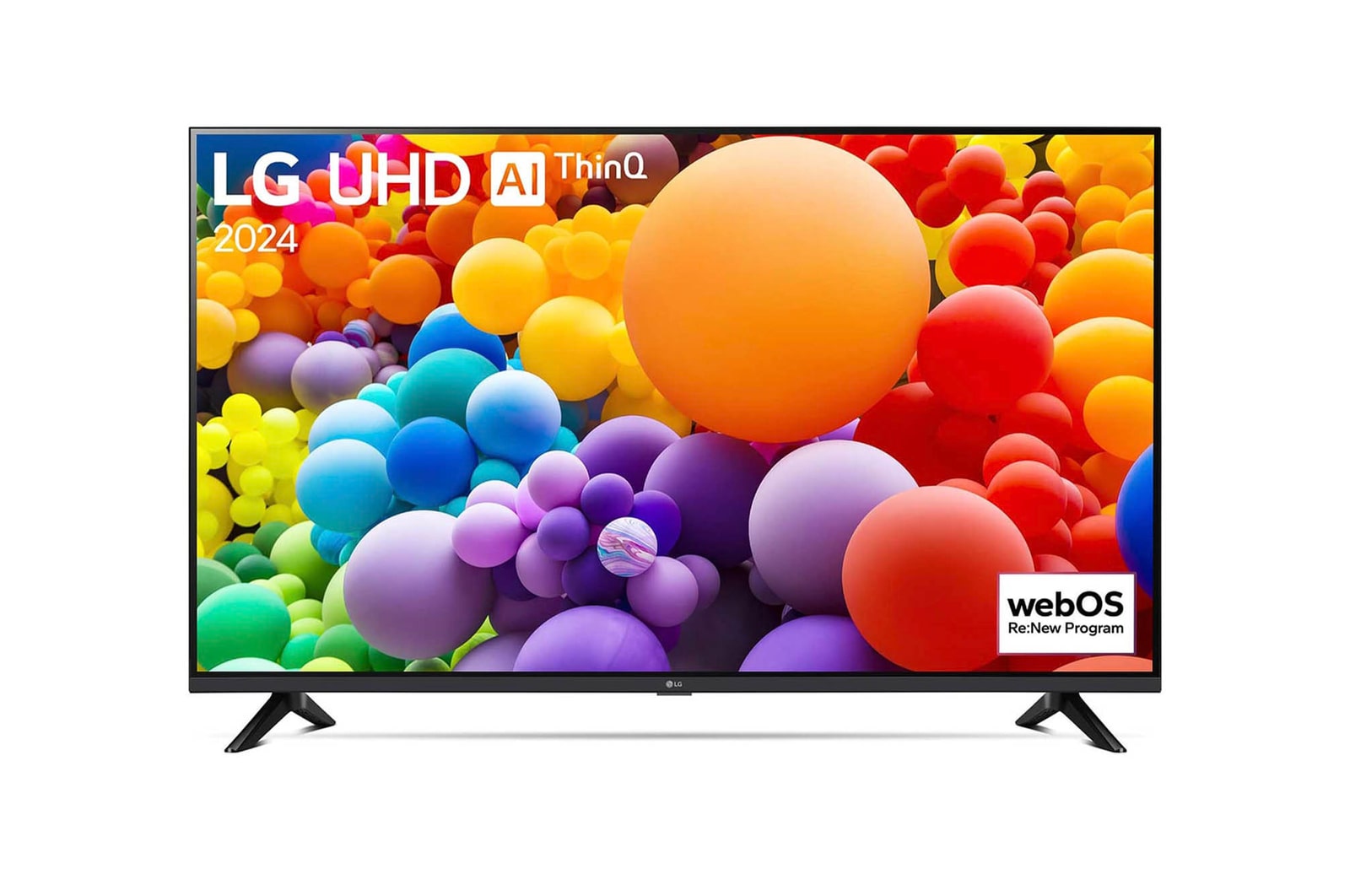 Frontansicht des LG UHD AI ThinQ 4K UT73 Smart TV mit lebendigem Startbildschirm auf weißem Hintergrund.